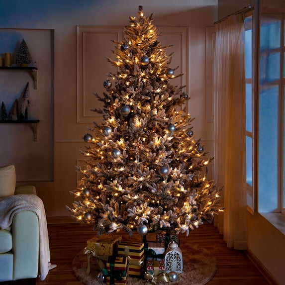 Naomi Home 6.5ft Frosted Christmas Tree with Lights, Realistic Snow Flocked Christmas Tree Prelit with 2456 Branch Tips, 450 Warm Lights and Metal Stand, Aritificial Christmas Tree