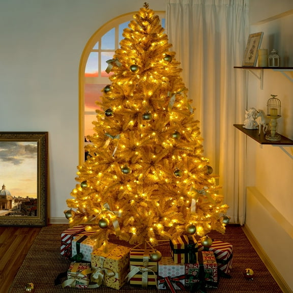 Naomi Home 6.5ft Gold Christmas Tree with Lights, Unique Colored Christmas Tree Prelit with 978 Branch Tips, 450 Warm Lights and Metal Stand, Aritificial Christmas Tree