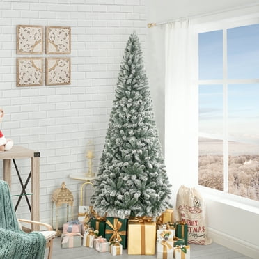 Naomi Home 7.5ft Slim Snow Flocked Christmas Tree with Lights, Realistic Frosted Skinny Pencil Christmas Tree Prelit with 1102 Branch Tips, 350 Warm Lights and Metal Stand, Aritificial Christmas Tree