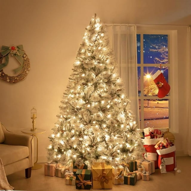 Naomi Home 7.5ft Snow Flocked Christmas Tree with Lights, Realistic