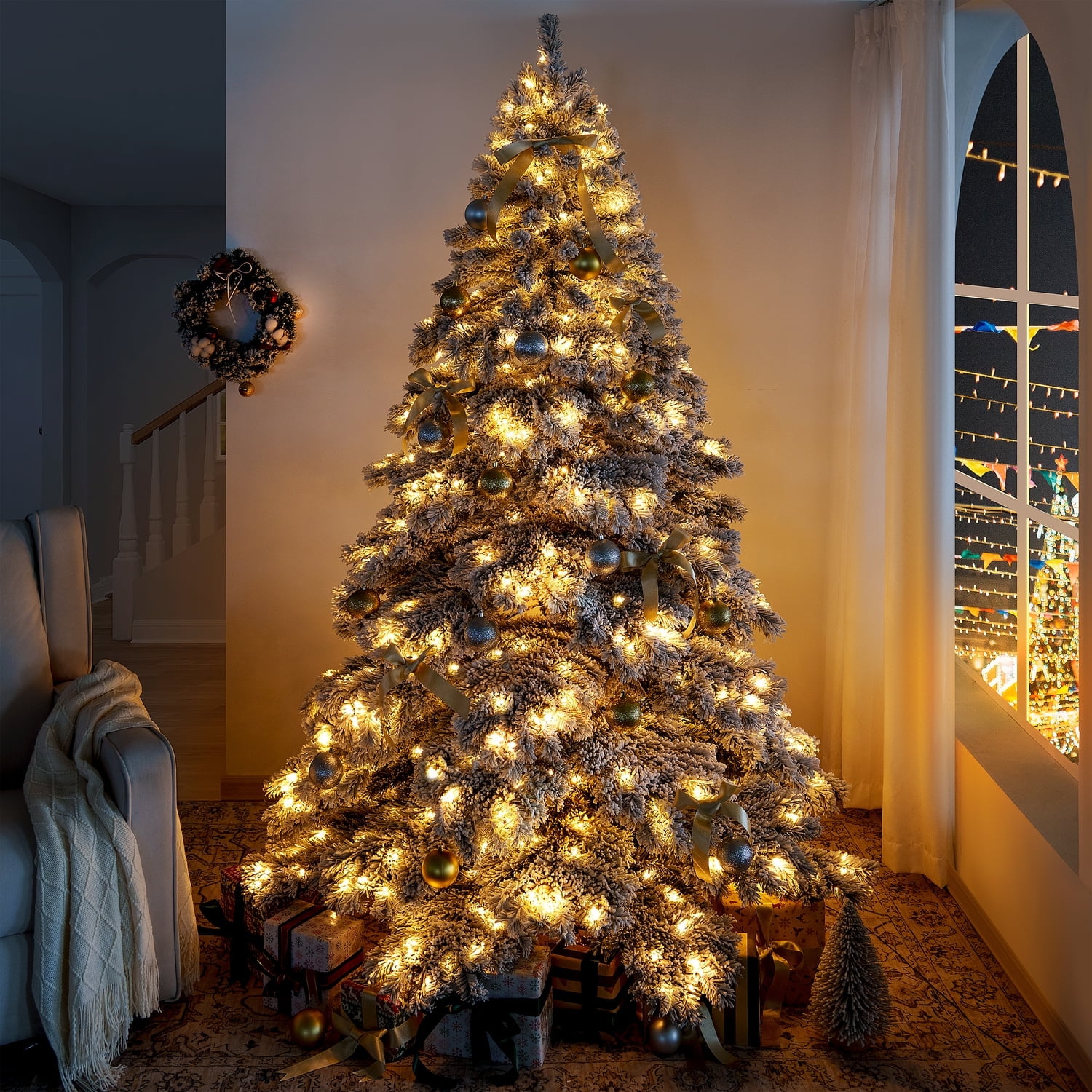 Naomi Home 6.5 ft Snow Flocked Christmas Tree with Warm Lights