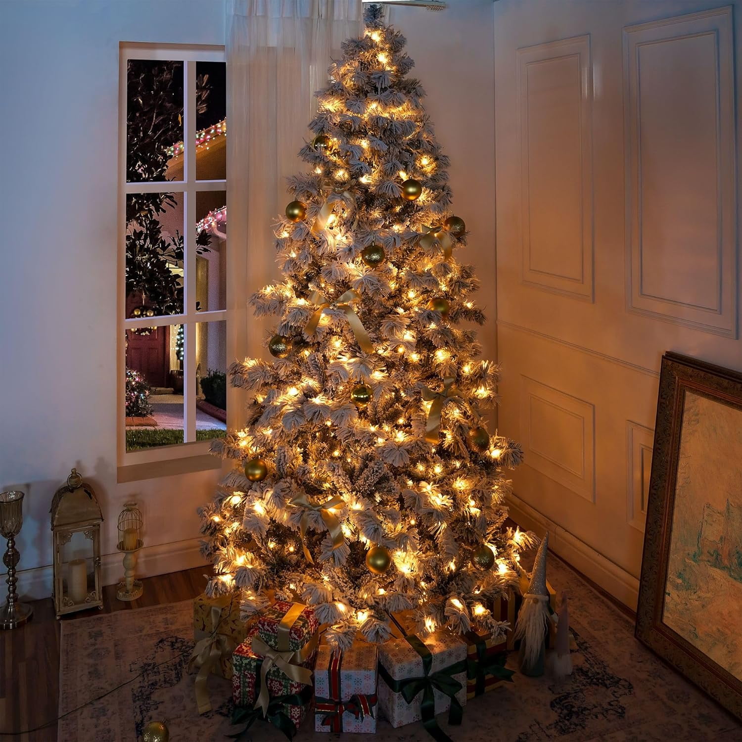 Naomi Home 7.5ft Snow Flocked Christmas Tree with Lights, Realistic