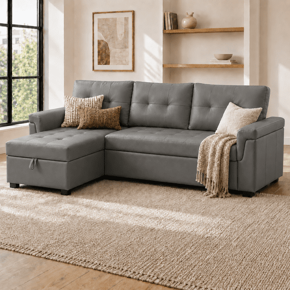 Naomi Home 85 in. Convertible Sofa with Storage, Reversible L Shape Sofa Couch with Chaise, Comfy Couches for Living Room-Color: Gray, Fabric: Air Leather