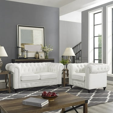 Naomi Home 99838 Chesterfield Sofa Set Loveseat Tufted Arm Accent Chair, White