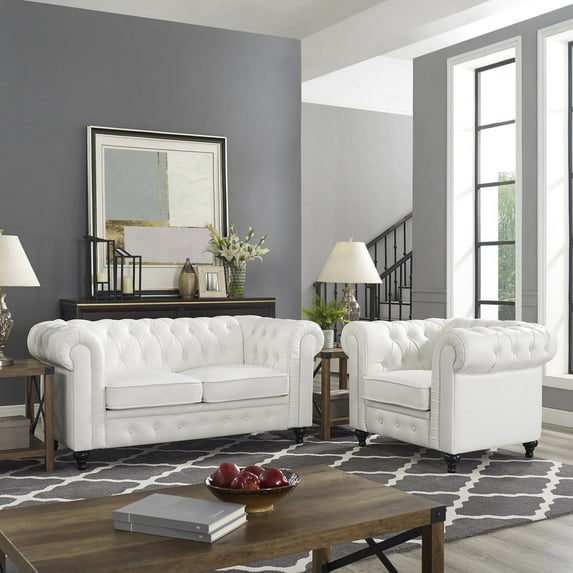White Tufted Chesterfield Loveseat and Armchair Set, Classic Living Room Sofa Set