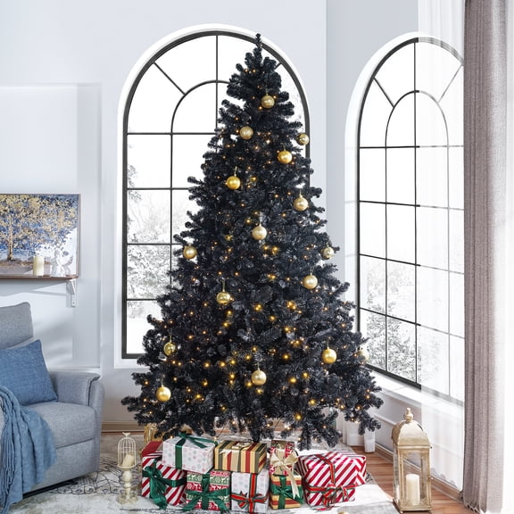 Naomi Home 9ft Black Christmas Tree with Lights, Unique Dusky Christmas Tree Prelit with 2392 Branch Tips, 950 Warm Lights and Metal Stand, Aritificial Christmas Tree
