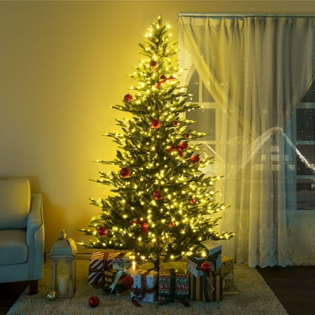 Naomi Home 9ft Nordic Christmas Tree with Lights, Realistic Charming Christmas Tree Prelit with 2106 Branch Tips, 1100 Warm Lights and Metal Stand, Aritificial Christmas Tree