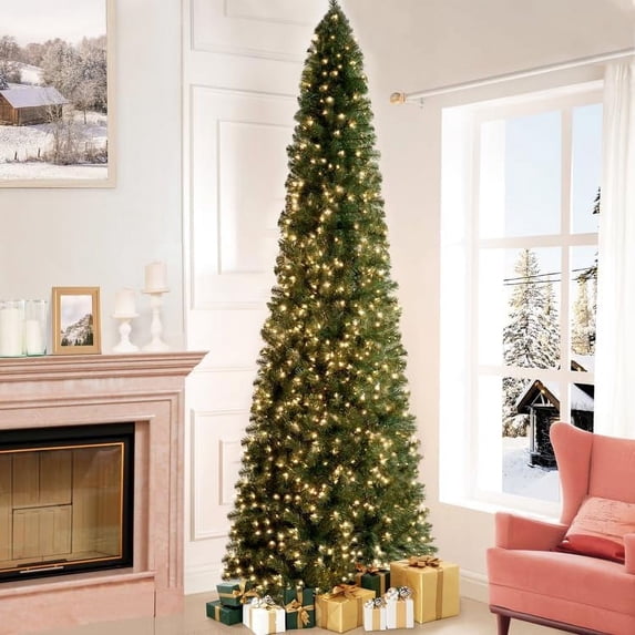 Naomi Home 9ft Slim Christmas Tree with Lights, Realistic Skinny Pencil Christmas Tree Prelit with 1455 Branch Tips, 500 Warm Lights and Metal Stand, Aritificial Christmas Tree, Árbol De Navidad