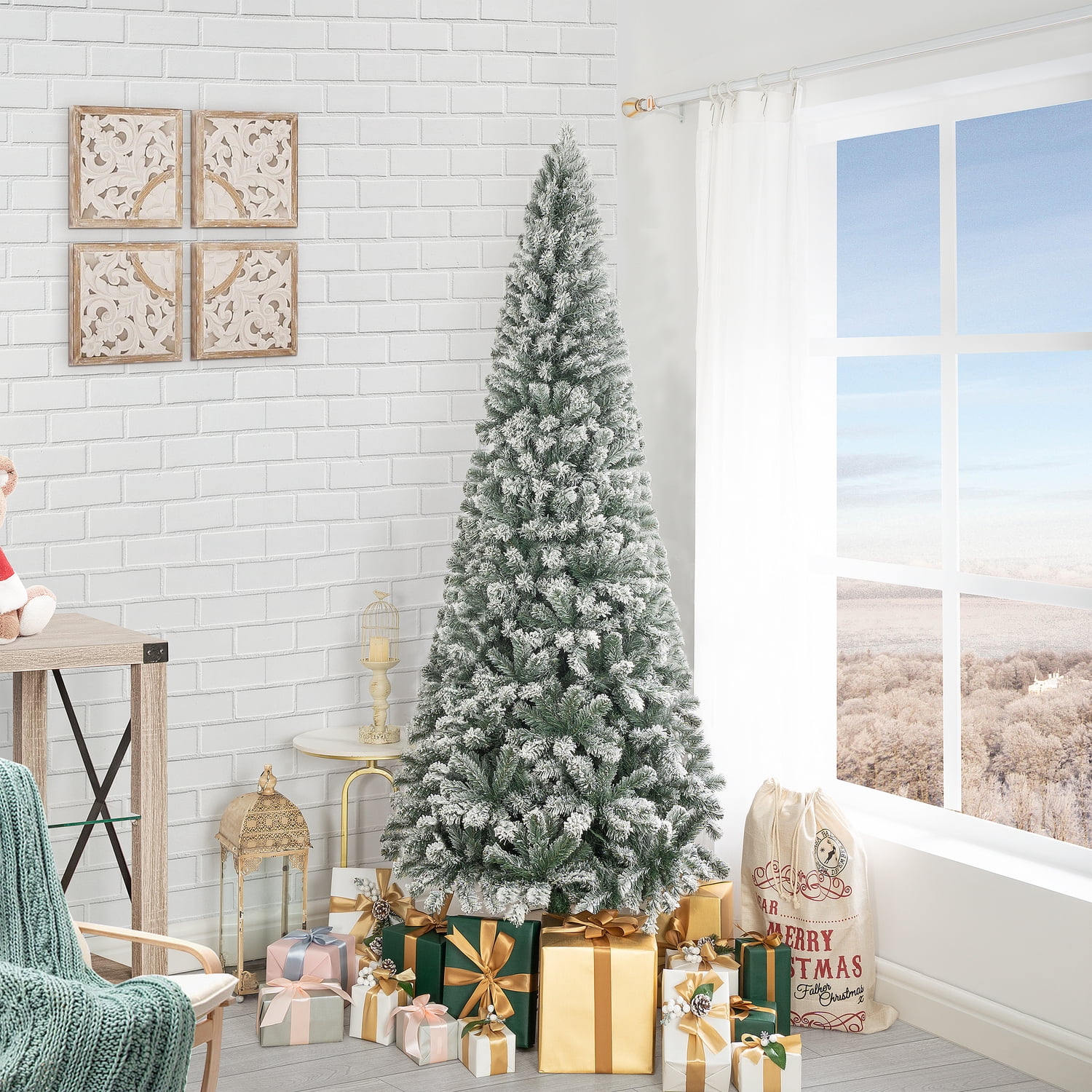 Naomi Home 9ft Slim Snow Flocked Christmas Tree with Lights, Realistic Frosted Skinny Pencil