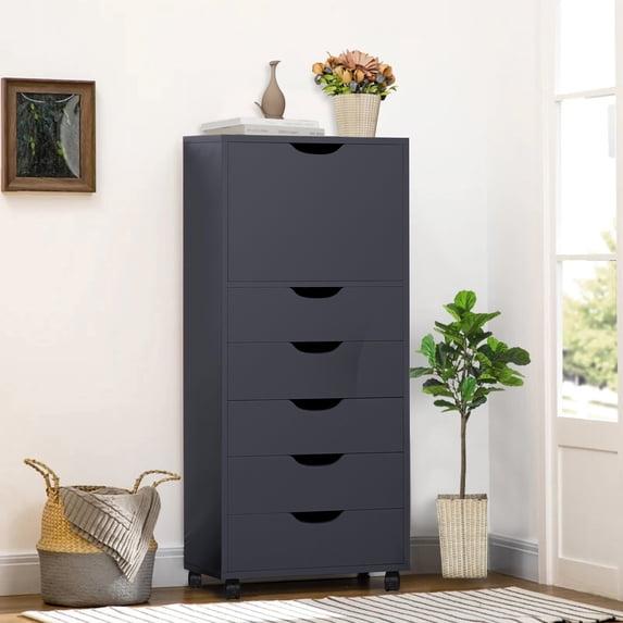 Naomi Home Adult 6-Drawer Dresser with Cabinet, Mobile Storage Unit with Lockable Wheels for Small Spaces, Black