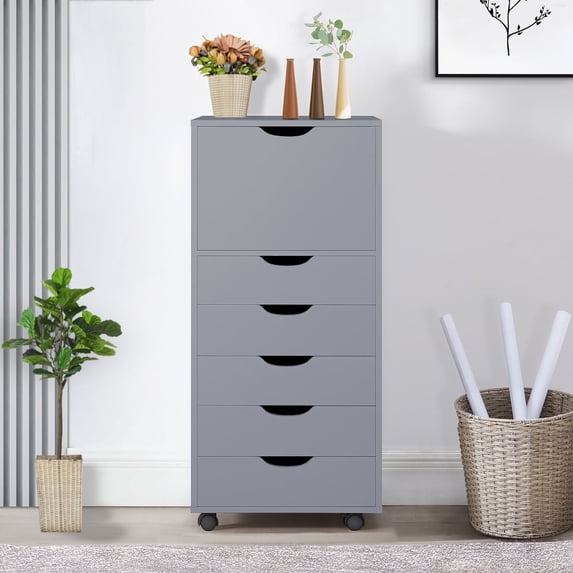 Naomi Home Adult 6-Drawer Dresser with Cabinet, Mobile Storage Unit with Lockable Wheels for Small Spaces, Gray