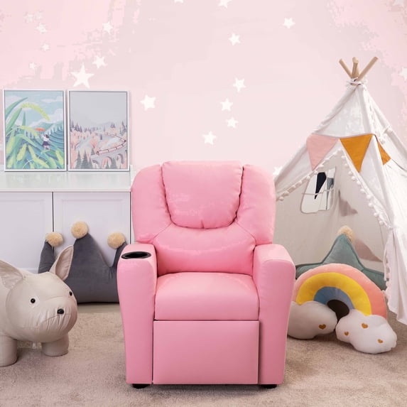 Naomi Home Suri Kids Recliner Chair with Cup Holder and Footrest, 3 Reclining Positions, Solid Hardwood Frame, 150 lb Weight Capacity, Pink