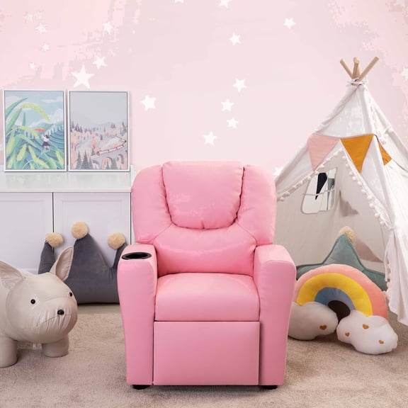 Naomi Home Suri Kids Recliner Chair with Cup Holder and Footrest, 3 Reclining Positions, Solid Hardwood Frame, 150 lb Weight Capacity, Pink