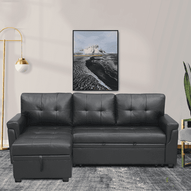 Sectional Leather Couch with Storage Chaise, Tufted Pull Out Couch with Storage, Sectional Bed, L-Shaped Faux Leather Sectional Sleeper Sofa, Black