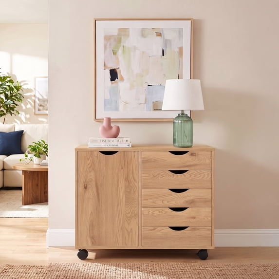 Naomi Home Amy 5-Drawer Wood Dresser Chest with Cabinet Door, Wooden Storage Cabinet for Bedroom or Living Room, Mobile Storage Organizer & Printer Stand for Home Office, Natural