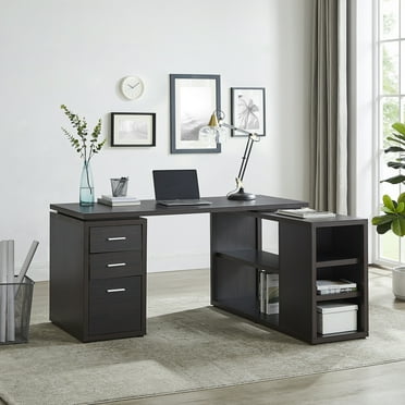 Naomi Home Ariel Executive L-Shaped Desk with Drawers - Large Modern Corner Computer Desk with Storage Drawers, Shelves, File Cabinet for Home Office - L Shape Desk Ideal for Work from Home - Espresso