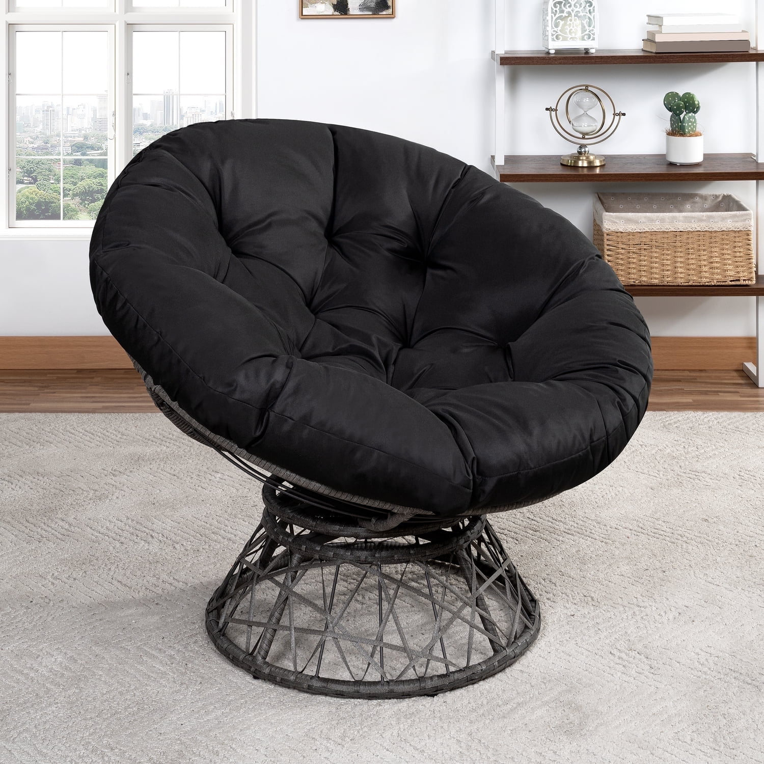 Naomi Home Barcelona Oversized Swivel Lounge Chair with Tufted Cushion, 360° Swivel, PE Rattan & Steel Frame, Indoor/Outdoor, Black