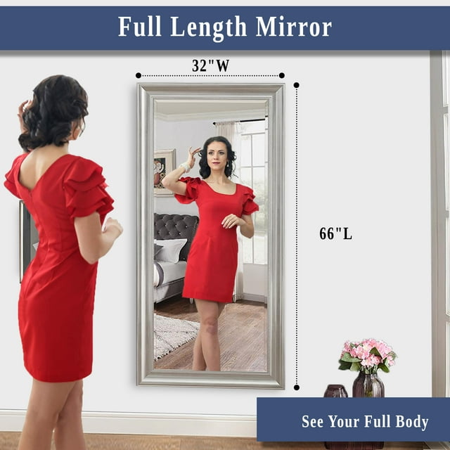 "Naomi Home Oversized Full Length Large Silver Beaded Leaner Mirror, 66"" x 32"", for Wall or