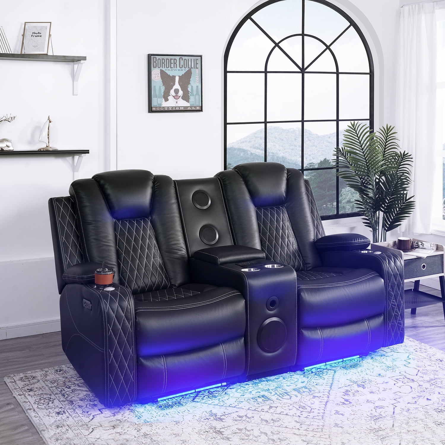 Black Faux Leather Reclining Loveseat with Cup Holders and LED Lights
