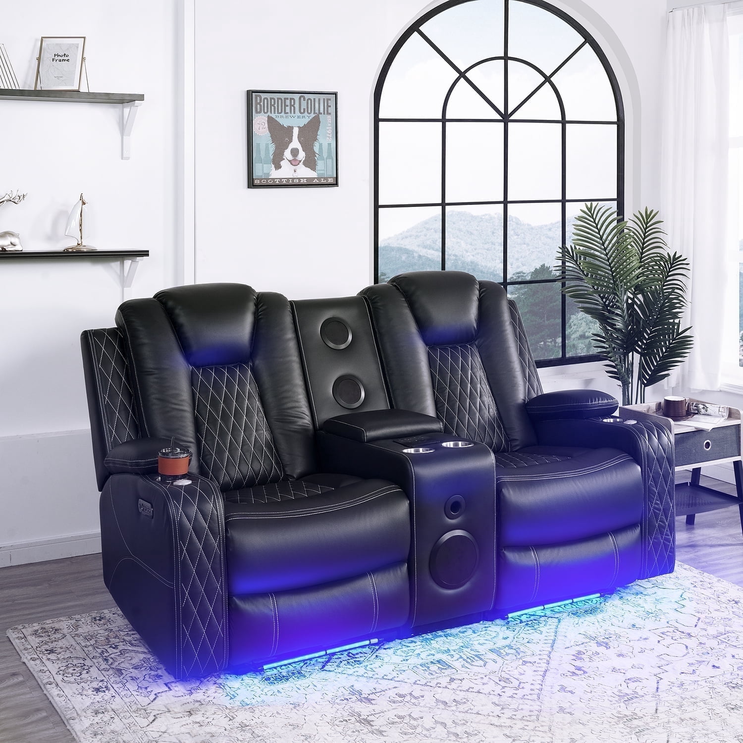 Naomi Home Chicago  Adult Air Leather Loveseats with Wireless Charging , USB Port and Built-In Speakers , Black