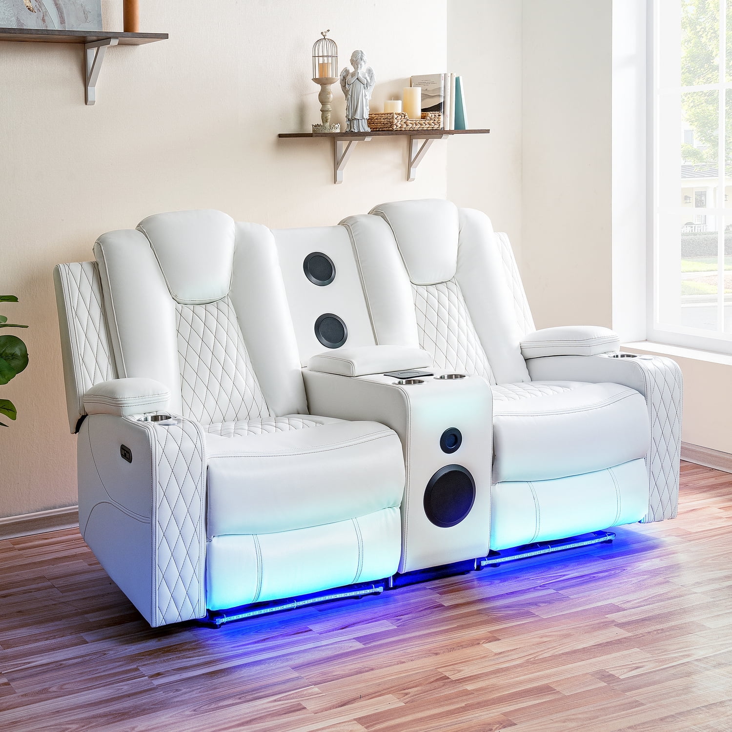 White Faux Leather Reclining Loveseat with Cup Holders and LED Lights