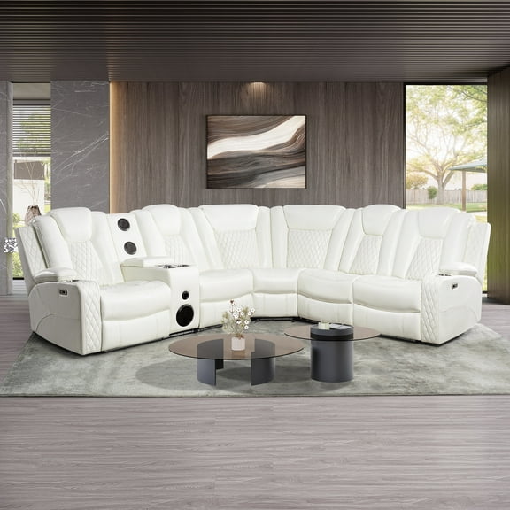 Naomi Home Chicago Theater Style Motion Sofa Corner Set With Adjustable Headrest-Color:White,Fabric:Air Leather
