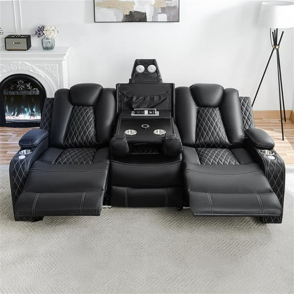 Naomi Home Chicago Sofa Black Air Leather – Premium 3-Seater Reclining Sofa with Console, Cup Holders, USB Ports, Pillow Top Armrests & Split Back Design – Modern Faux Leather Couch for Living Room