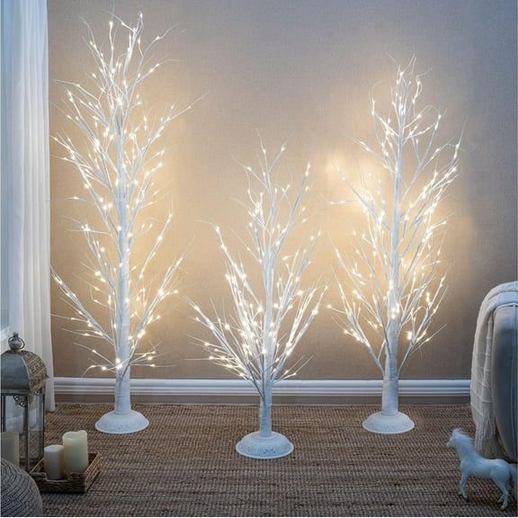 Naomi Home Christmas Tree Set of 3 LED Trees 4ft, 5ft and 6ft White Birch Tree with LED lights and Remote Control, Outdoor Lighted Christmas Tree for Yards, Xmas decoration, Pack of 3 by Naomi Home