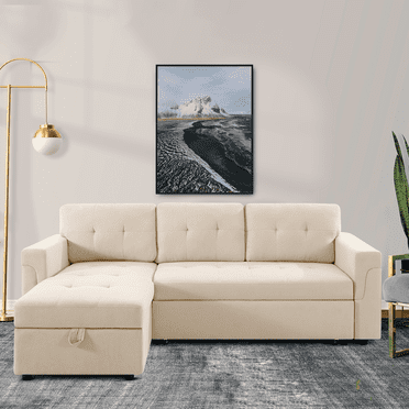 Naomi Home Comfy Reversible Sleeper Sofa: Your Easy Guest Accommodation Solution with Hidden Storage & Pull-Out Bed - L-Shaped Sectional Sofa Couch in Beige/Velvet with and Durable & Dense Cushions