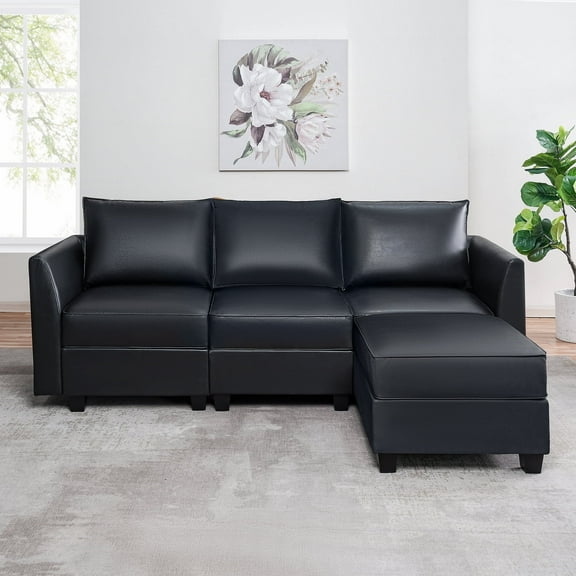 Naomi Home Elizabeth Modern DIY Collection-Color:Black,Fabric:Air Leather,Style:Sofa with Ottoman