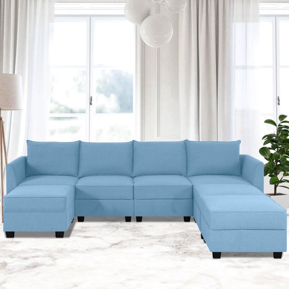 Naomi Home Elizabeth Modern DIY Collection-Fabric:Linen,Finish:Robin Egg Blue,Style:4-Seater with 3 Ottoman