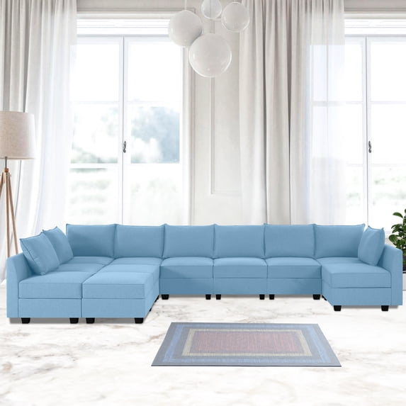 Naomi Home Elizabeth Modern DIY Collection-Fabric:Linen,Finish:Robin Egg Blue,Style:9-Seater with Double Ottoman