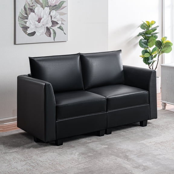 Naomi Home Elizabeth Modern Loveseat Sofa with Extendable Design & Soft Comfortable Seating – Air Leather Modular loveseat sofa with Sturdy Wooden Frame, Ideal for Small Spaces, Easy Assembly, Black