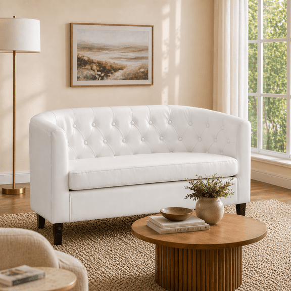Naomi Home Emma Faux Leather Loveseat Sofa - Tufted Barrel - White