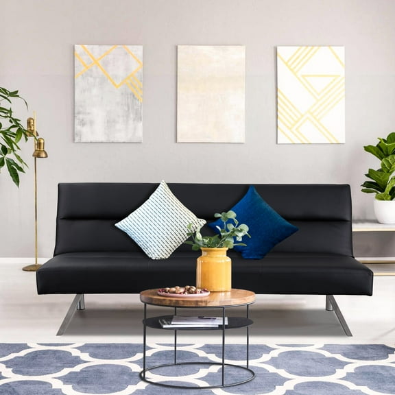 Naomi Home Faux Leather Futon Couch, Modern Convertible Folding Sofa Bed Couch Futon Sofa Bed with Chrome Legs, Reclining Mini Couch, Leather Futon Small Couch for Bedroom Living Room- Black