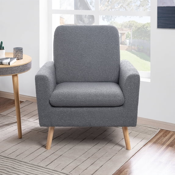 Naomi Home Frida Mid-Century Modern Accent Chair, Gray Teddy Fleece Upholstered Armchair with Oak Legs, 28.74"D x 30.31"W x 35.04"H