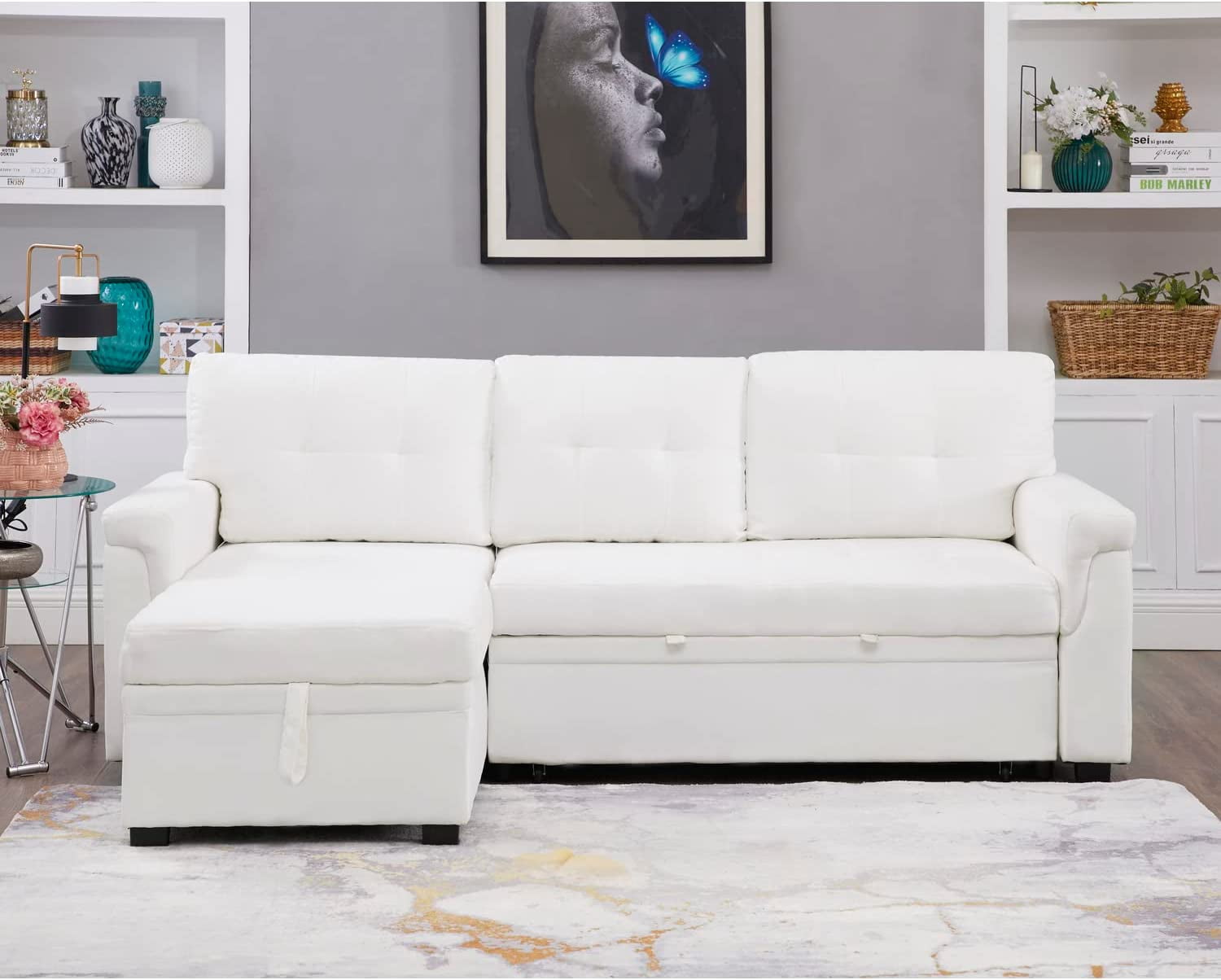 Naomi Home Jenny Tufted Sectional Sofa Sleeper with Storage Chaise Pull