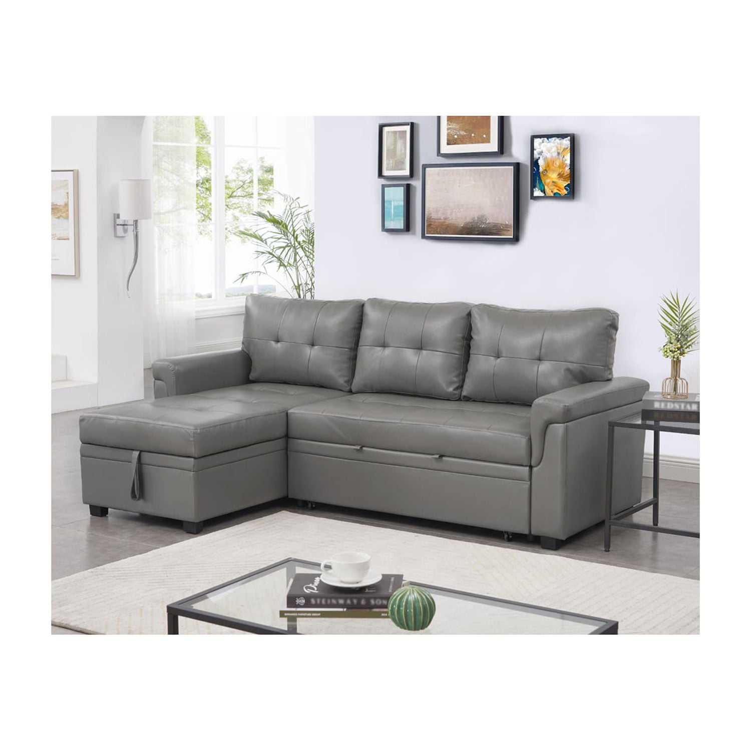 Naomi Home Jenny Tufted Sectional Sofa Sleeper with Storage Chaise