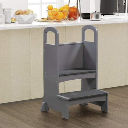 Naomi Home Kids Step To It Stool, Kitchen Step Stool for Kids, Wooden Stepping Stool with Anti-Slip Mat Grey