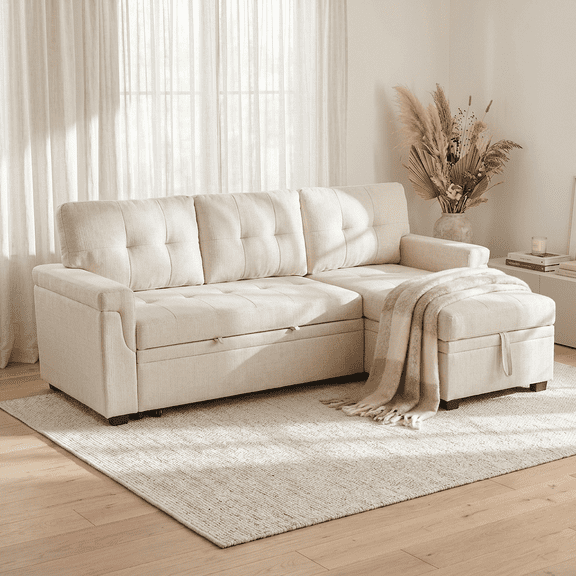 Naomi Home Laura Velvet Sleeper Sectional Sofa with Pull-Out Bed, Reversible Storage Chaise, Space-Saving Convertible Couch for Living Room, Beige, Velvet