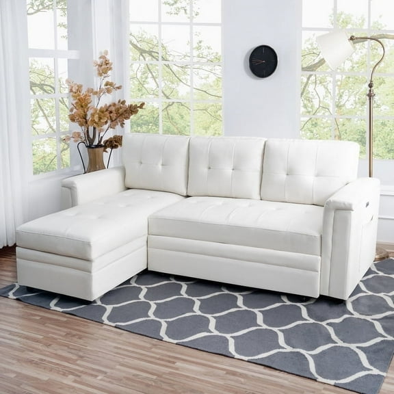 Naomi Home Lily Reversible Sleeper faux leather Sectional with Storage and USB Ports-Color:White,Fabric:Air Leather