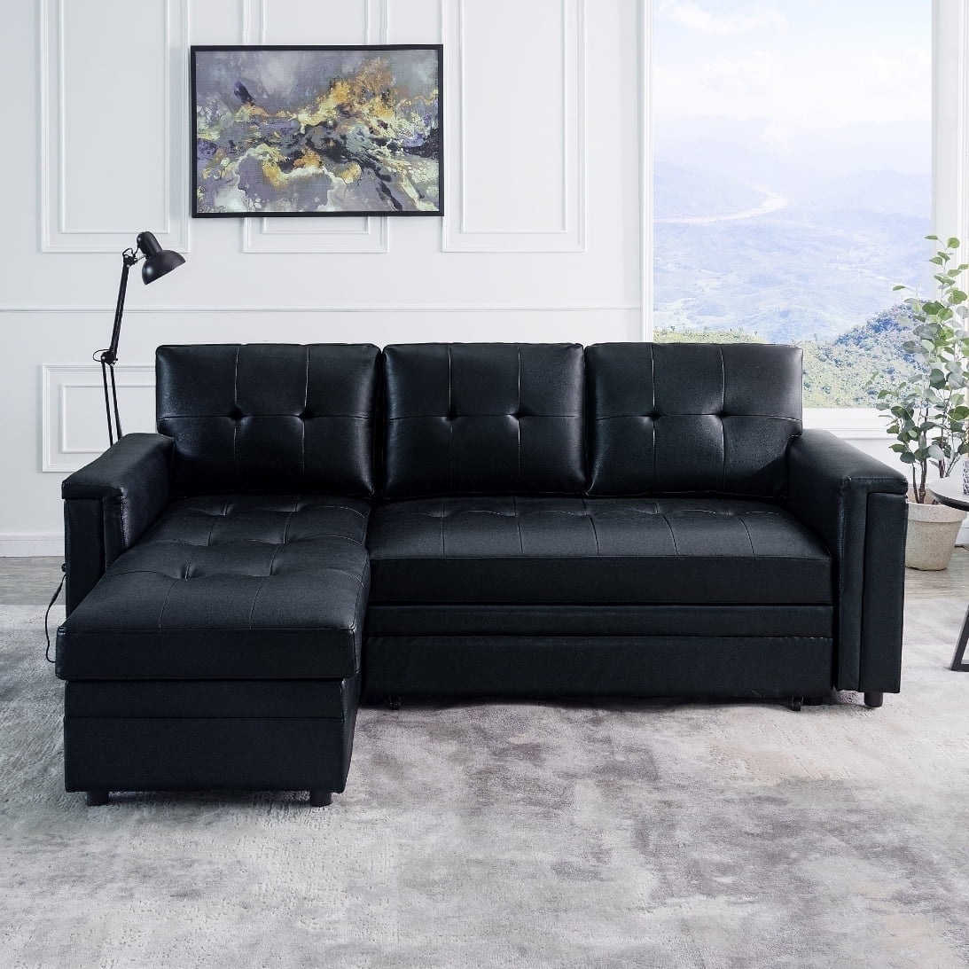 Naomi Home Lily Sectional Sleeper Sofa with USB ports-L-Shaped Couch Convertible faux leather sectional Pull-Out Bed, Ample Storage, Long-Lasting for Modern Living, Black, Air Leather