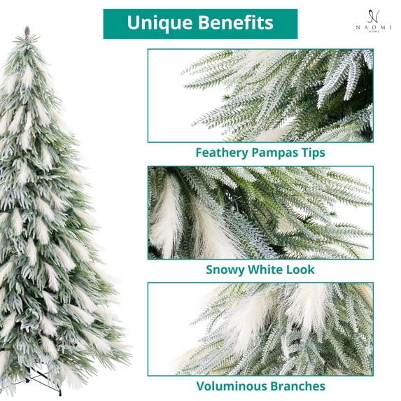 Snowy Christmas Tree with Pampas Tips-Color:Snow Flocked,Size:4.5ft