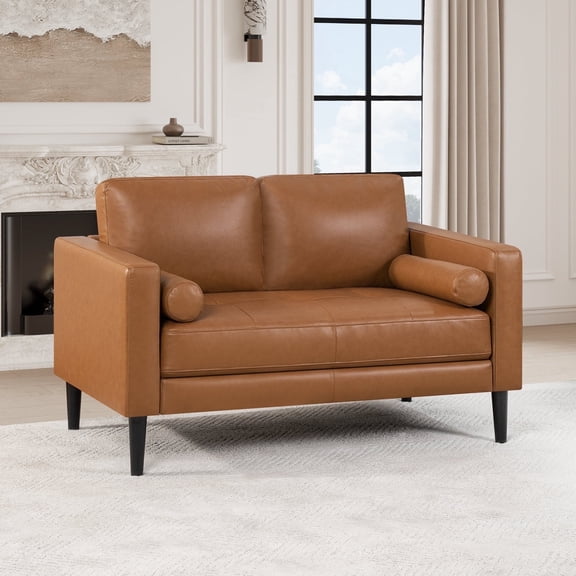 Naomi Home Velonie Air Leather Mid-Century Loveseat, Removable Cushions, Matching Bolster Pillows, Cozy 2-Seater Comfort, Solid Wood Frame, Ideal for Apartments, Tan