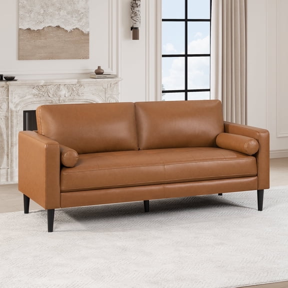 Naomi Home Velonie Air Leather Mid-Century Sofa, Removable Cushions, Matching Bolster Pillows, Spacious 3-Seater Comfort, Solid Wood Frame, Everyday Relaxation, Tan