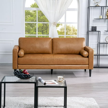 Naomi Home Marisa Top Grain Genuine Leather Sofa - Revel in Exquisite Leather Opulence - Unparalleled Luxury Mid-Century Leather Sofa - Embodiment of Cozy Lounging and Contemporary Design, Tan