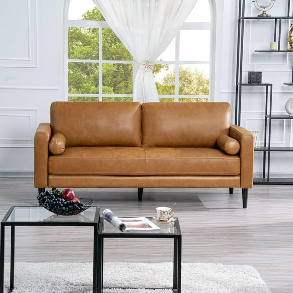 Naomi Home Marisa Top Grain Genuine Leather Sofa - Revel in Exquisite Leather Opulence - Unparalleled Luxury Mid-Century Leather Sofa - Embodiment of Cozy Lounging and Contemporary Design, Tan