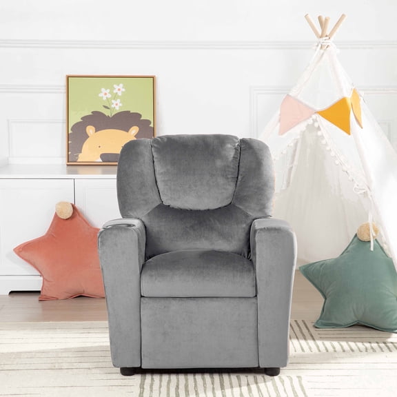 Naomi Home Suri Kids Recliner Chair with Cup Holder and Footrest, 3 Reclining Positions, Solid Hardwood Frame, 150 lb Weight Capacity, Gray