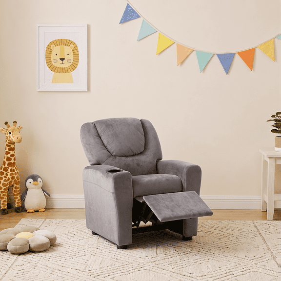 Naomi Home Suri Kids Recliner Chair for Toddlers Ages 3–5, Adjustable Reclining Chair for Kids with Push-Back Recline, Cup Holder, Footrest, Solid Hardwood Frame, 150 lb Capacity, Gray