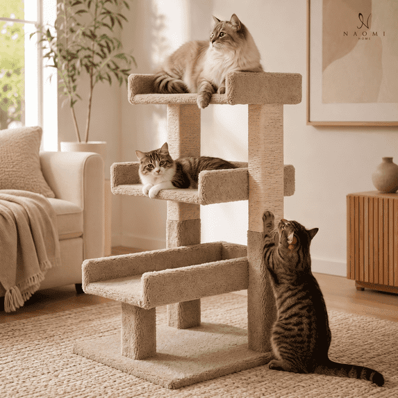 Naomi Home Nala Large Cat Tree Tower with Multi-Level Platforms, Sisal Scratching Posts, Soft Perches & Stable Anti-Tip Design, Beige
